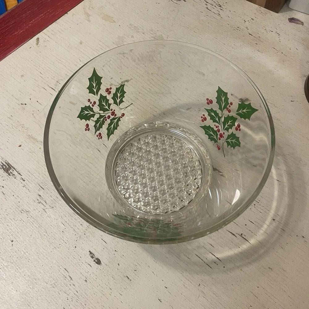 Vtg Indiana Glass Ice Bucket Clear Serving Bowl Holly Berry Christmas 7